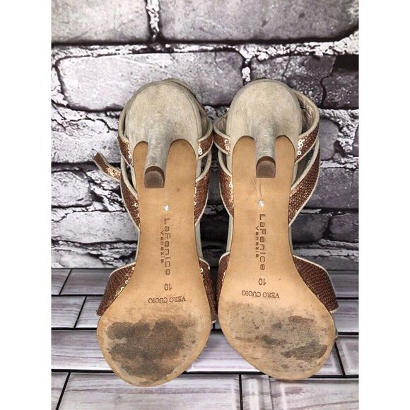 La Fenice Venezia Rose Pink Sequin Beige Suede Open Toe Heels Women Sz 10M US/41 - Picture 16 of 16